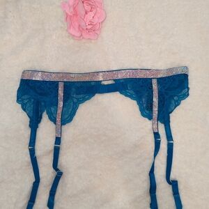 Victoria's Secret Teal Lace Garter Belt with Rhinestones